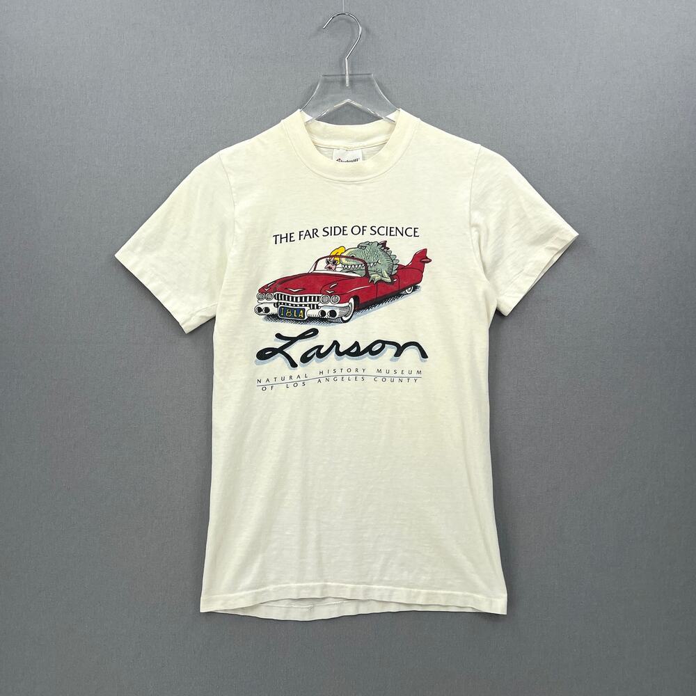 VINTAGE Far Side Larsen Short Sleeve Tee Mens S White Natural History Museum - Picture 1 of 11